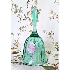 Fenton Hand Painted Glass Bell Signed Green‎ Floral 7" USA Vintage Decoration